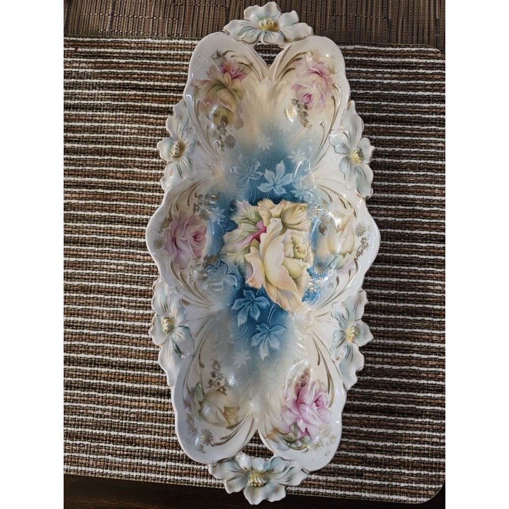 Antique Porcelain Celery Tray 12" Blown Out Roses Applied Flowers RS Prussia